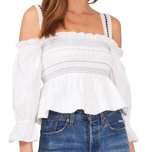 1.State Women’s Cold Shoulder Topstitch Smocked Cotton Top White Size Medium NWT